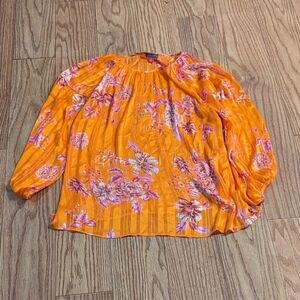 Orange floral pleated blouse size 1X long-sleeve sheer Vince Camuto NEW with tag